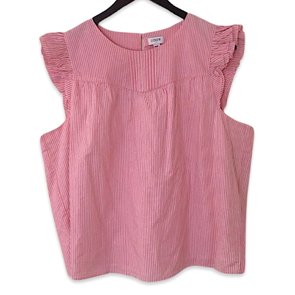 J. Crew Plus Size Pink/White Vertical Striped Frilly Sleeve Blouse Top Size XXL